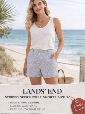 Lands’ End Seersucker Shorts Size 10 Blue White Stripe Cotton Summer Coastal